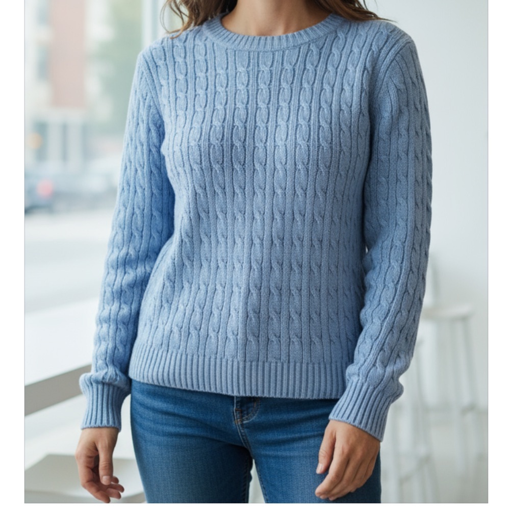 KATE HILL coastal blue cable knit Pima cotton crewneck sweater size large